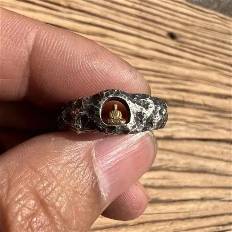Copper grotto Buddha ring with rock texture, hand-forged spiritual jewellery in size 8