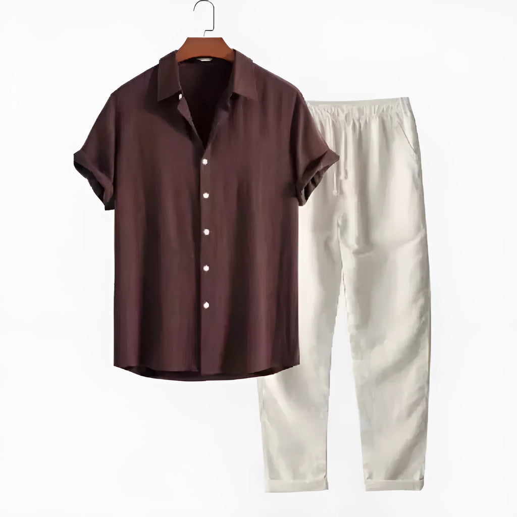 Men's casual linen-look shirt and trouser set in multiple colours with short sleeves and loose fit