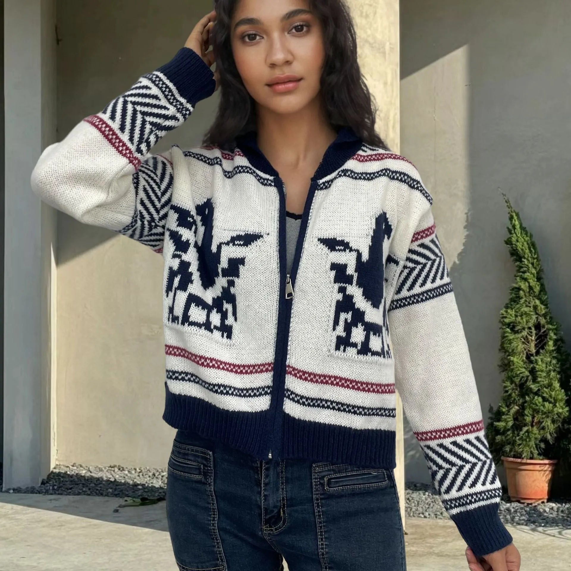 White women's zip cardigan with jacquard contrast stripe pattern and lapel collar