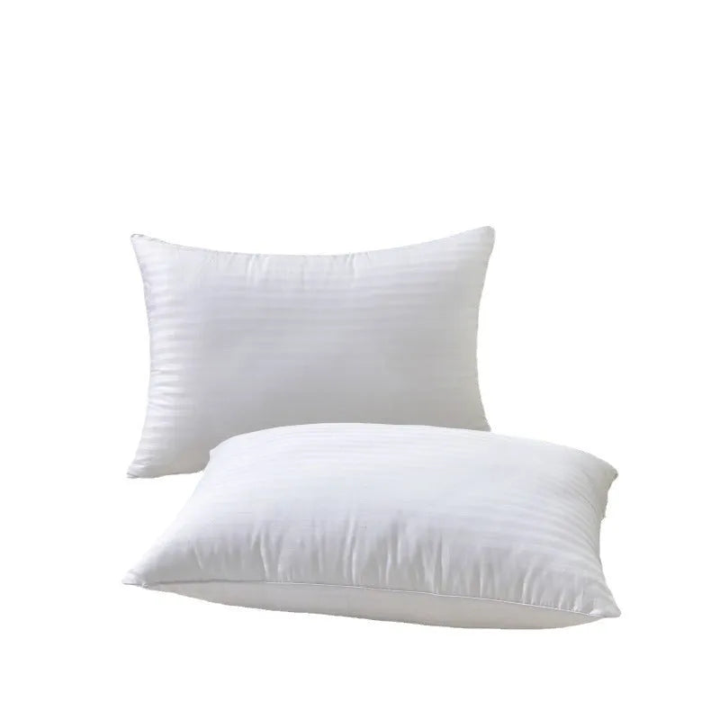 White cotton satin stripe pillow with a 2cm stripe, shown in low, medium, and high loft versions.