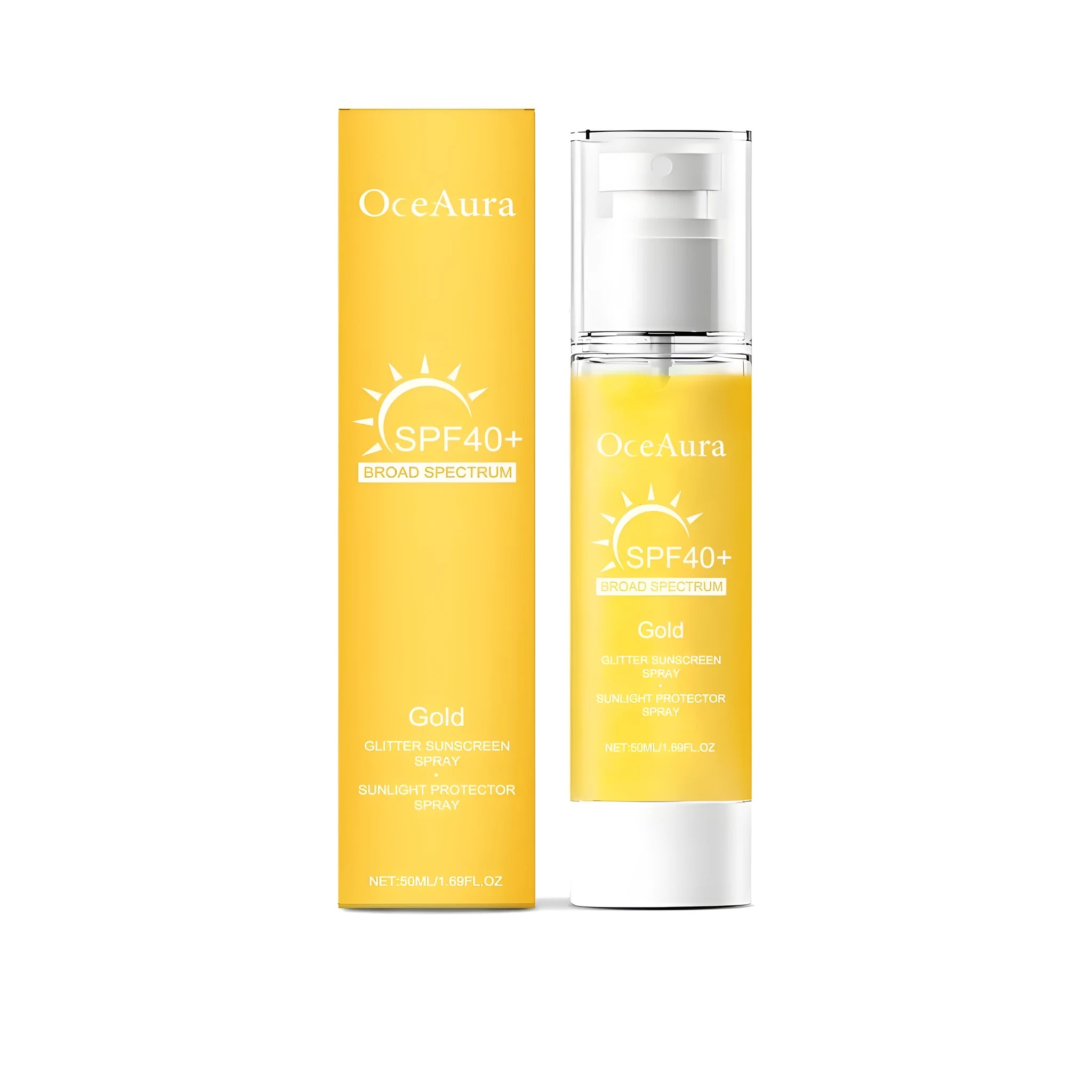 50ml bottle of sunscreen spray with avocado oil and titanium dioxide for daily UV protection