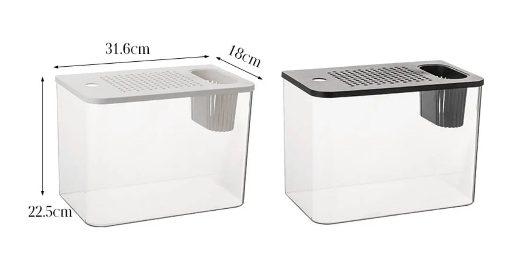 Medium black plastic betta fish tank with cover on a desktop