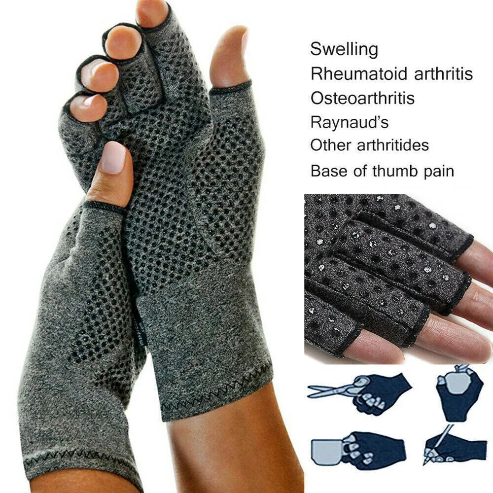 Grey half-finger compression gloves with anti-slip palm, shown in dispensing and non-dispensing styles.