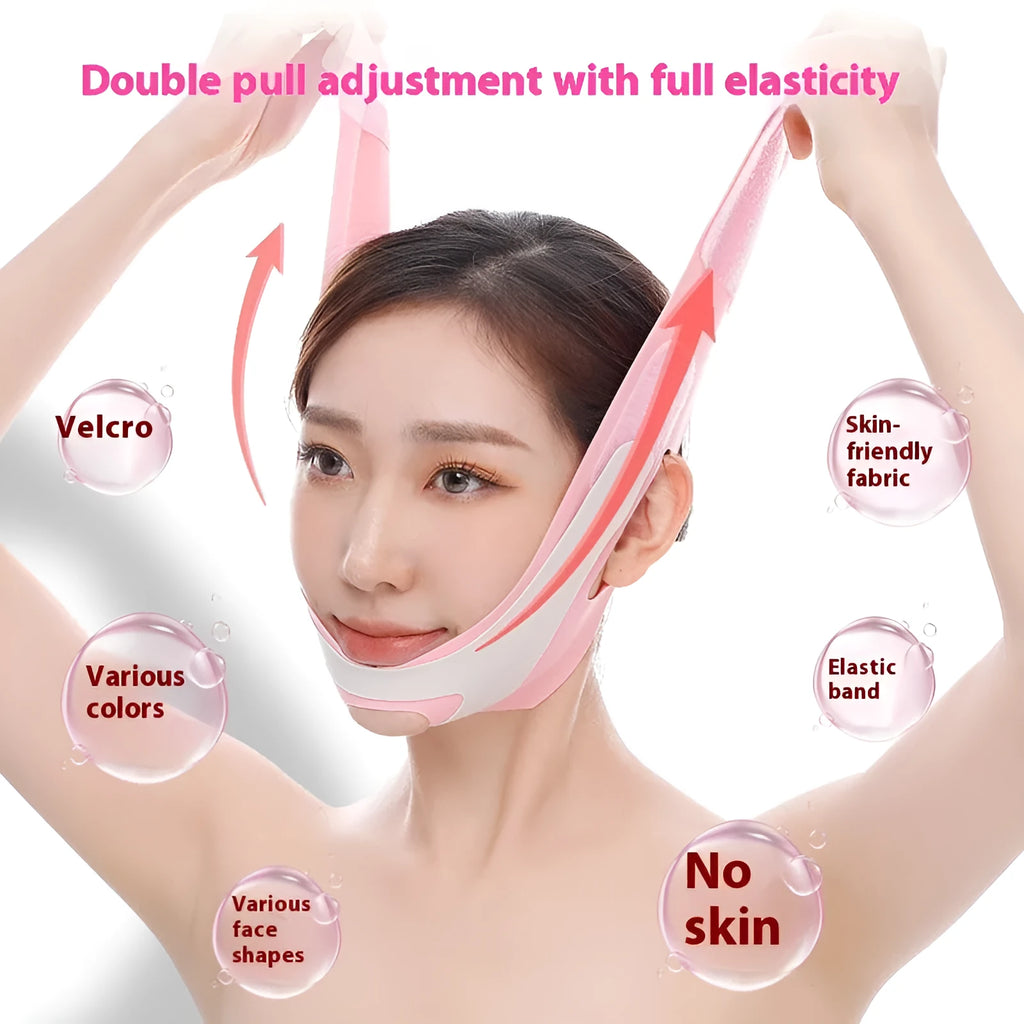 Pink elastic V-shaped face bandage for facial contouring and slimming support