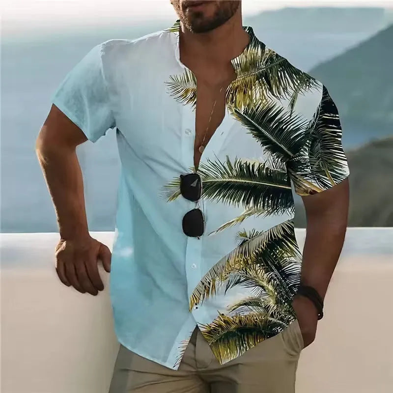 Men's loose-fit short sleeve shirt with a colourful floral pattern, shown in a casual cardigan style.
