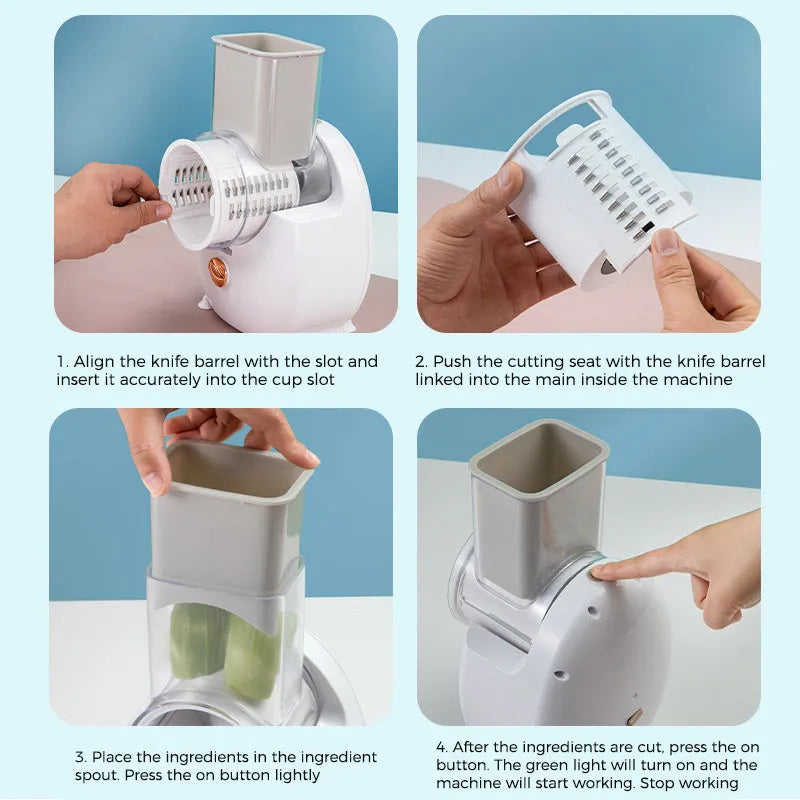 White electric vegetable slicer with rotary grater, suction base, and multiple blades on kitchen counter
