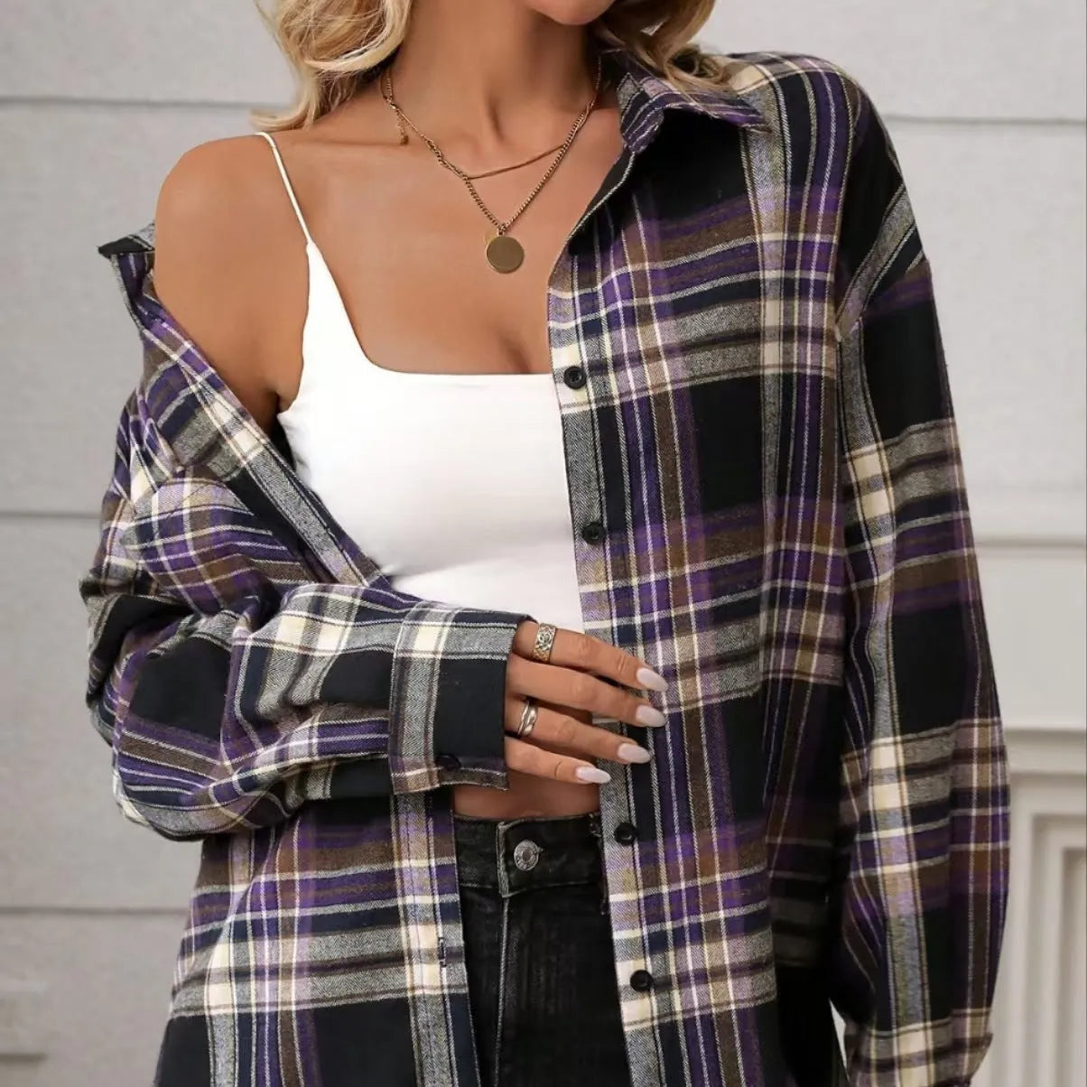 Women's loose-fit retro plaid cotton shirt in black, shown front-on with long sleeves.