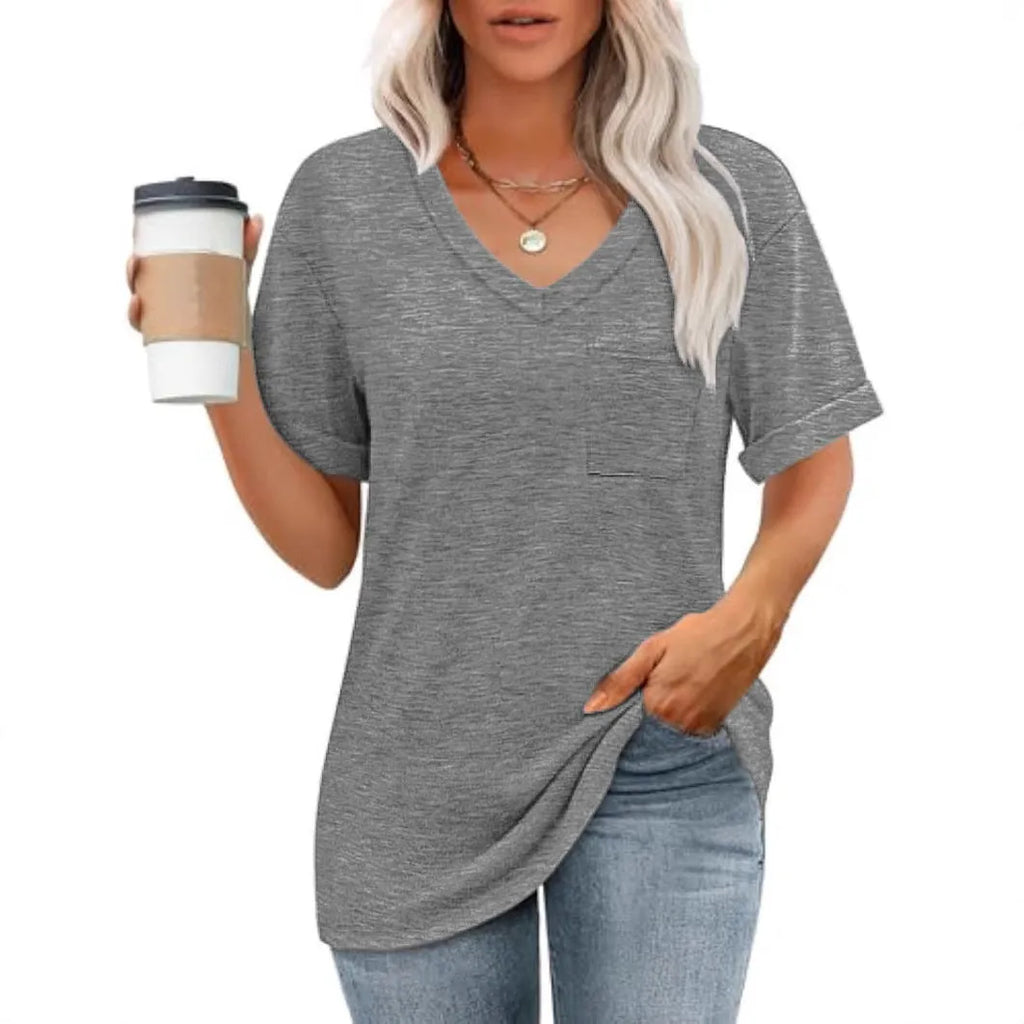 Grey loose fit V-neck T-shirt with chest pocket in casual style