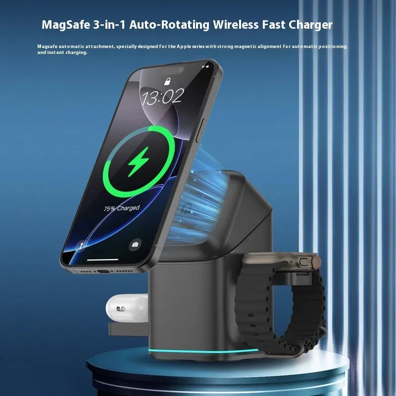 Black mobile phone magnetic wireless charging stand showing 180-degree rotation adjustment