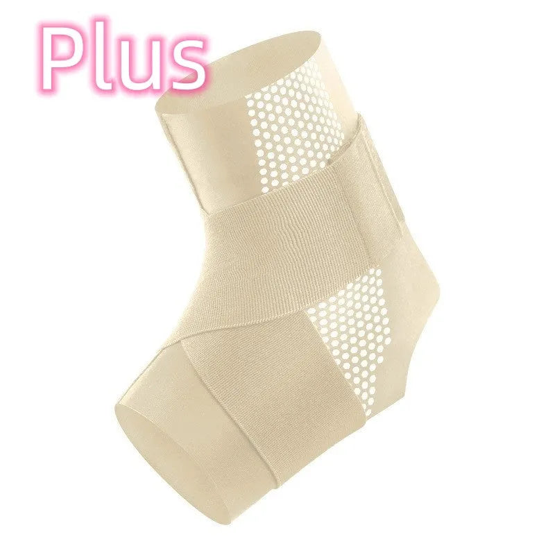 Black Lycra ankle support brace shown wrapped around an adult ankle.