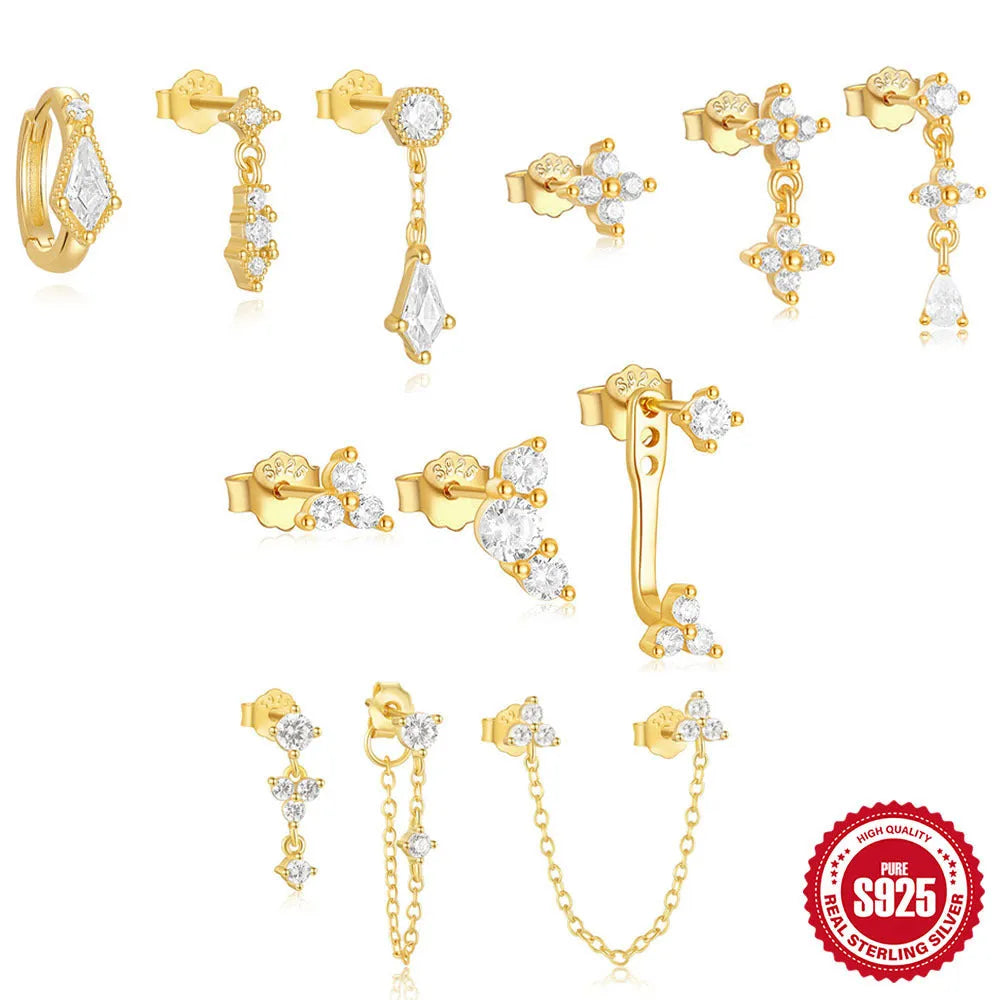Set of three S925 sterling silver geometric zircon tassel earrings in a gold colour.
