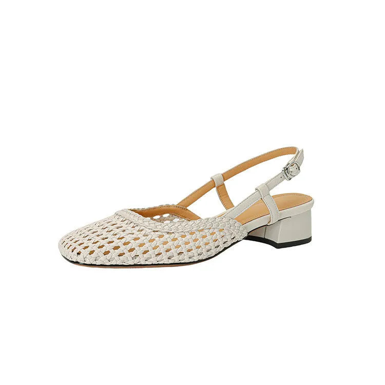 Women's beige woven sandals with a closed square toe, chunky heel, and buckle strap.