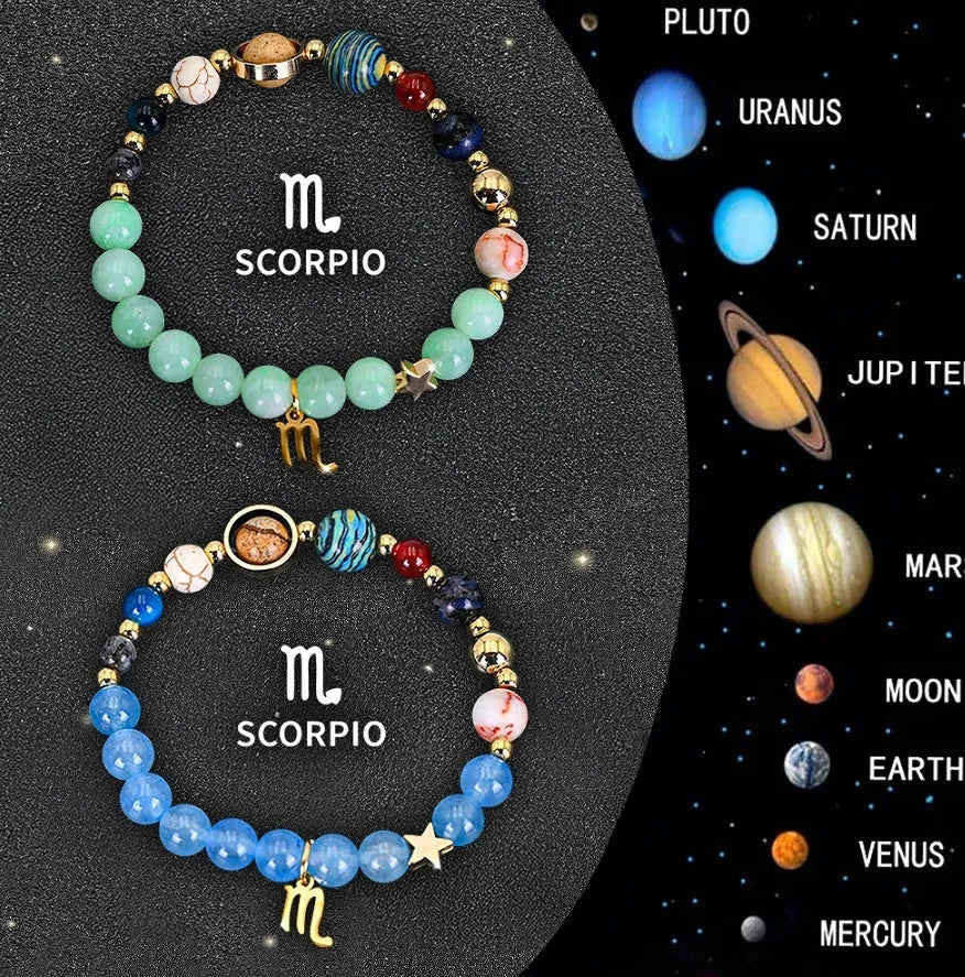 A pair of natural stone beaded bracelets from a twelve-piece zodiac sign collection.