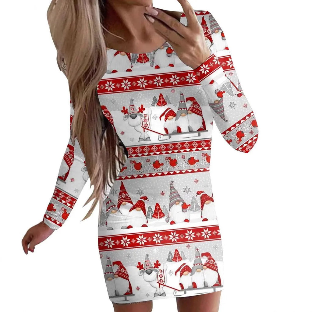 Women's Christmas printed dress with animal patterns, round neck, long sleeves in floral colours