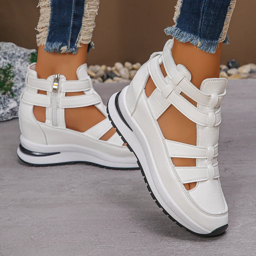 Women's black close-toed hollow-out platform sandals with velcro fastening