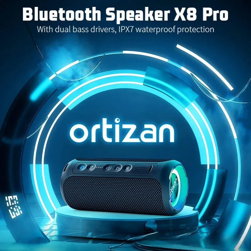 Black and blue fabric wireless Bluetooth speaker with LED lighting and control buttons