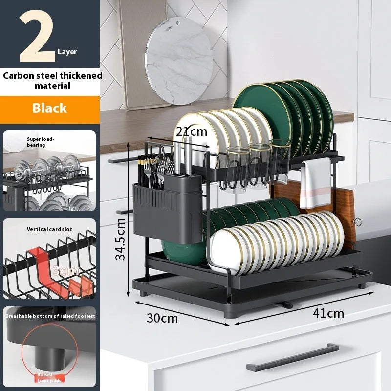 White and black double-layer kitchen storage rack with removable draining section for utensils.