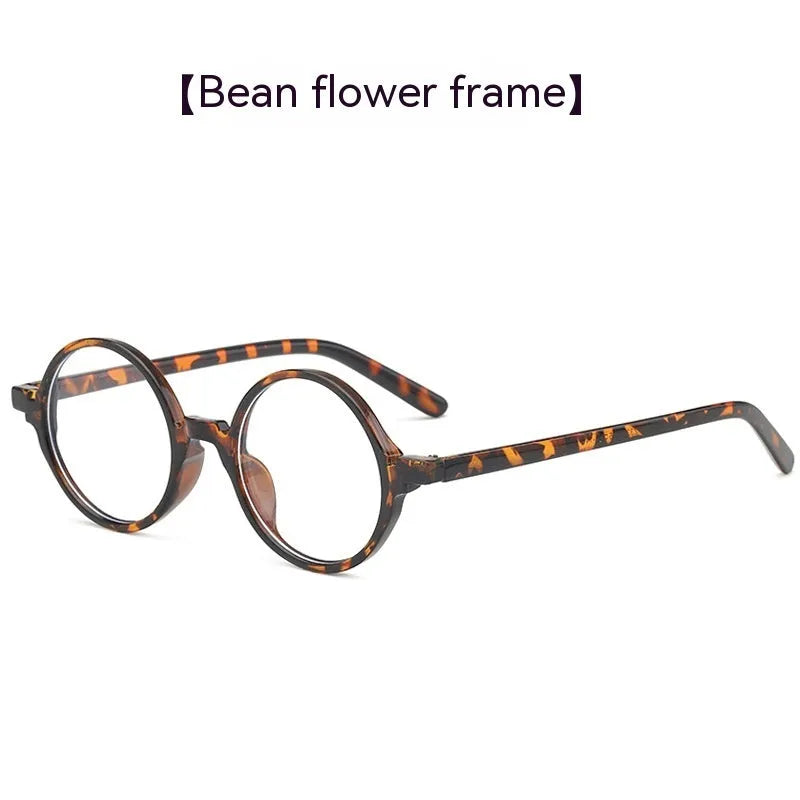 Artistic retro round fashion glasses with a PC frame shown in bright black, sand black, tofu pudding, and transparent grey colours.
