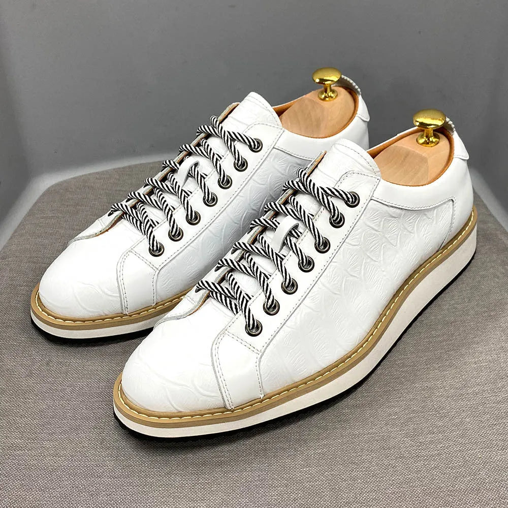 Men's low tube handmade shoes with embossed pattern and front tie closure in black green white and grey