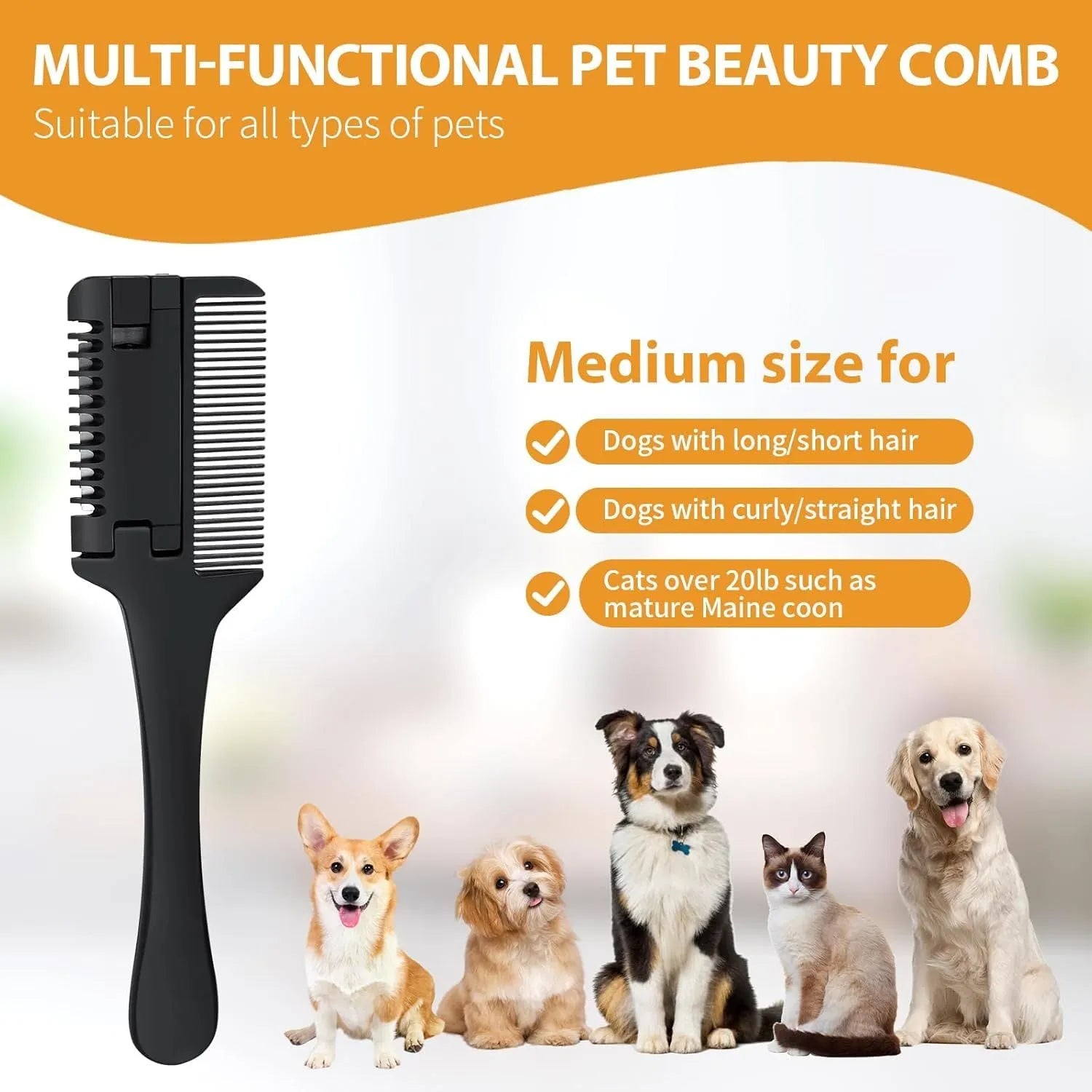 Pet razor comb for dogs and cats with built-in trimming blade and spare blades.