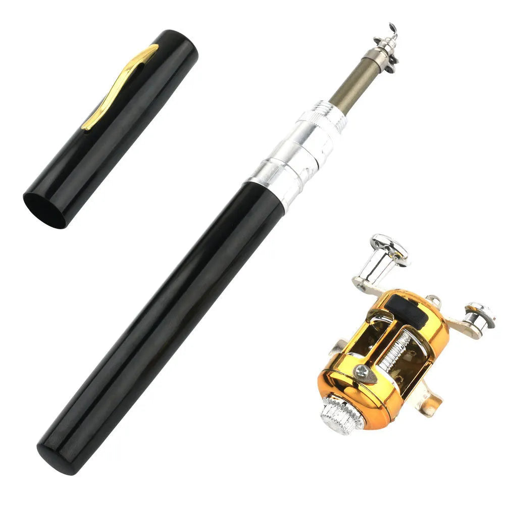 Telescopic pen fishing rod kit with aluminium case shown in gold colour alongside extended 1 metre fibreglass rod and ST5RL fishing reel
