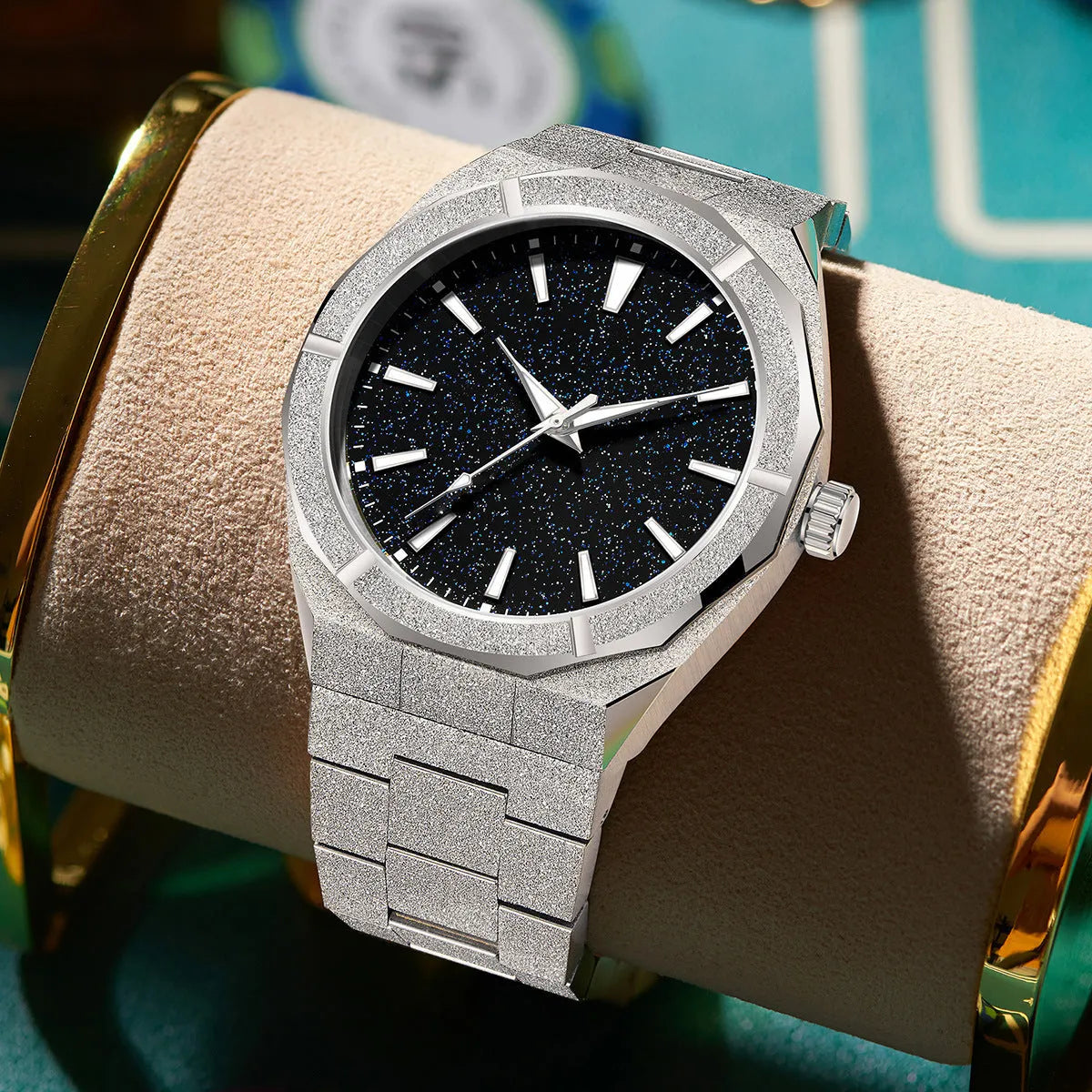 Men's stainless steel business watch with frosted finish and luminous dial in silver gold or black