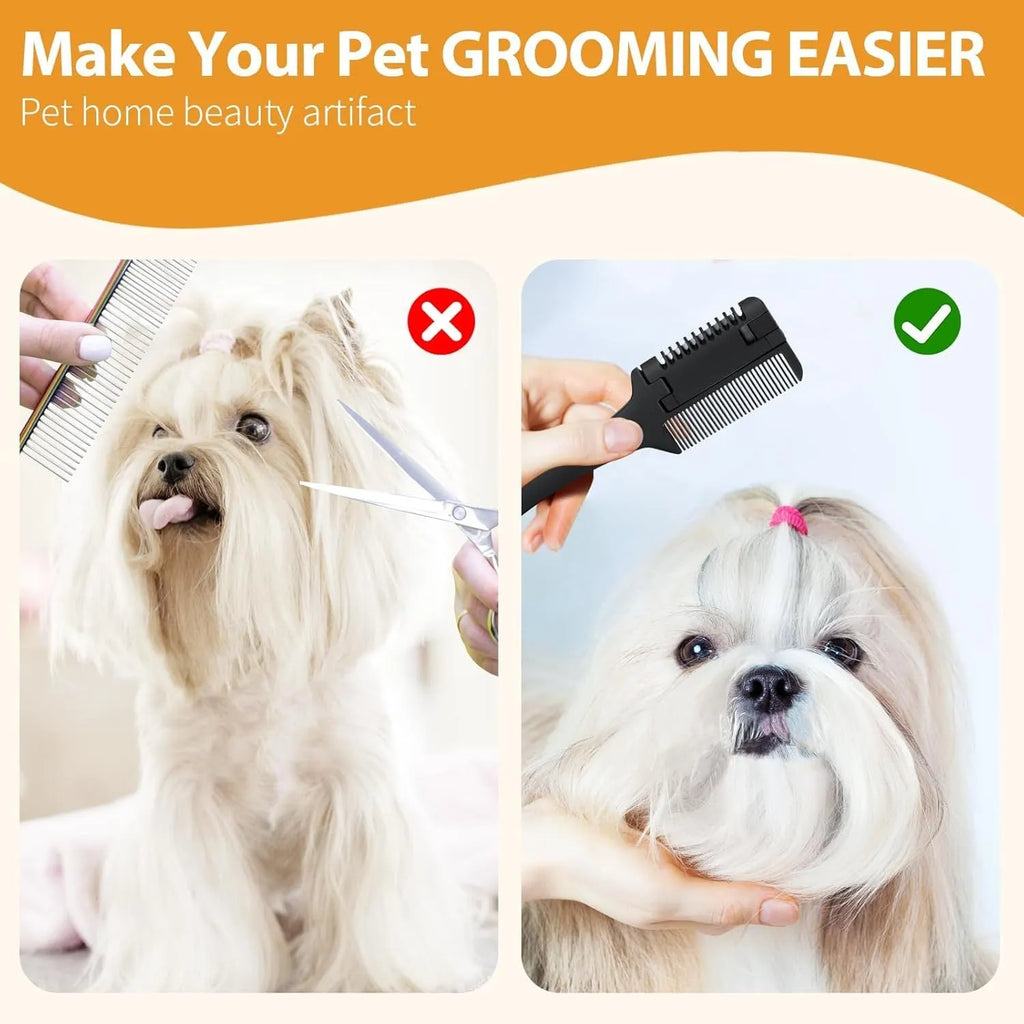 Pet razor comb for dogs and cats with built-in trimming blade and spare blades.