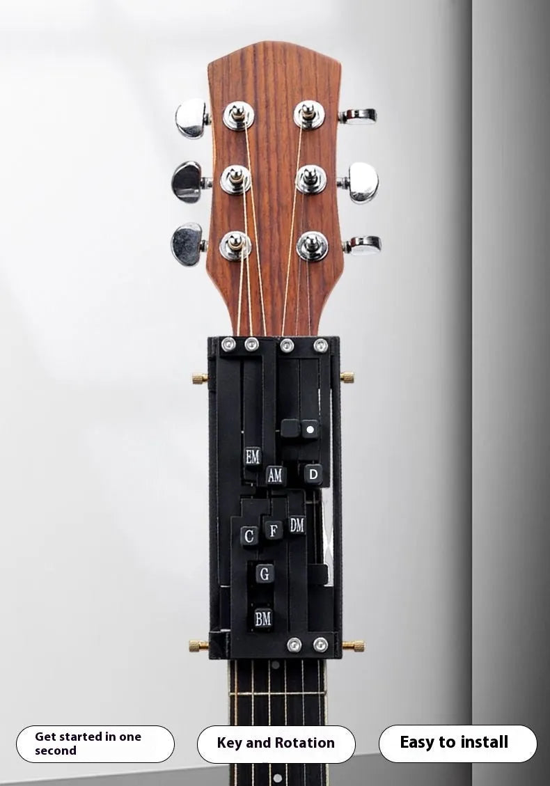 Automatic chord practice gear device for folk guitar playing with second chord support