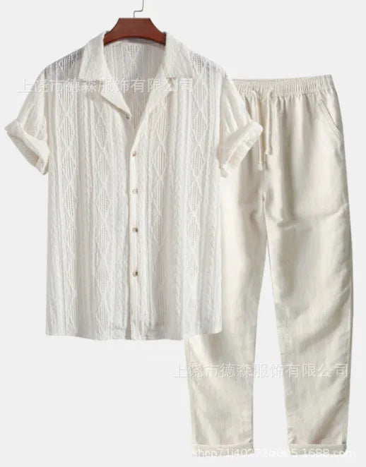 Men's loose fit short sleeve shirt and trousers summer suit in milk silk polyester fabric.