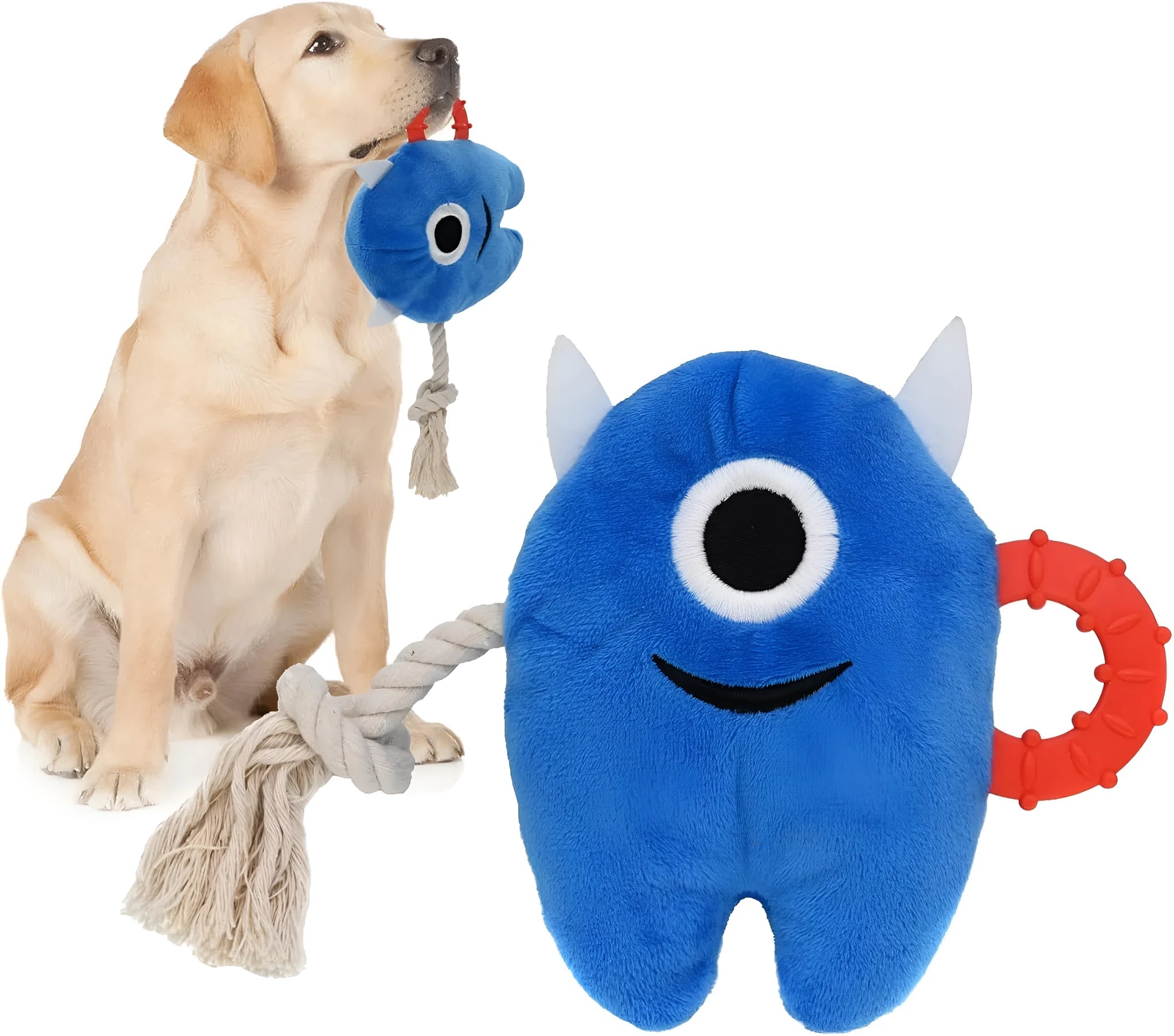 Blue or green monster plush dog toy with integrated cotton rope tug sections and a squeaker.