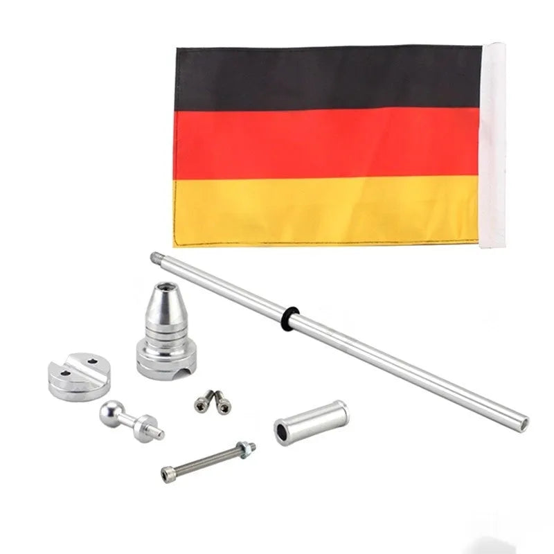 Motorcycle side box bumper parcel rack with adjustable aluminium flagpole mounting system