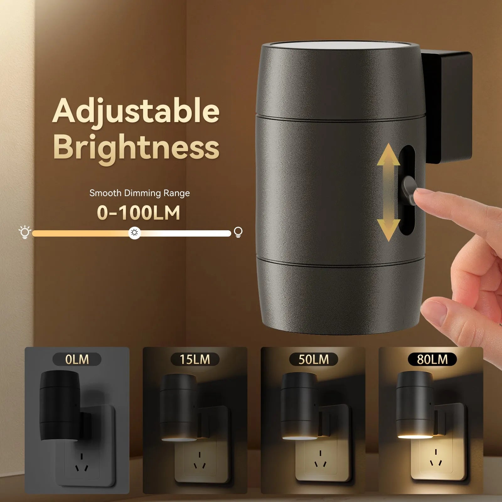 Small white induction night lamp with adjustable brightness dial and rotatable head plugged directly into wall socket