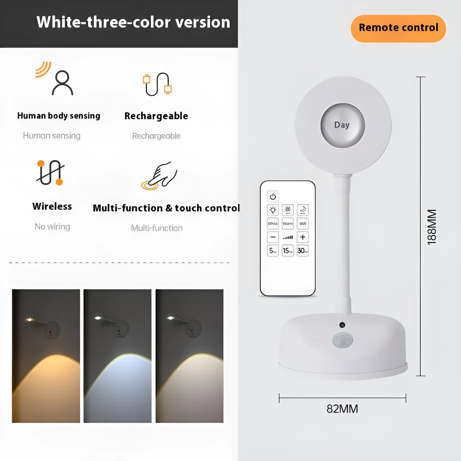 Modern geometric rechargeable wireless wall spotlight lamp in black on a white wall.