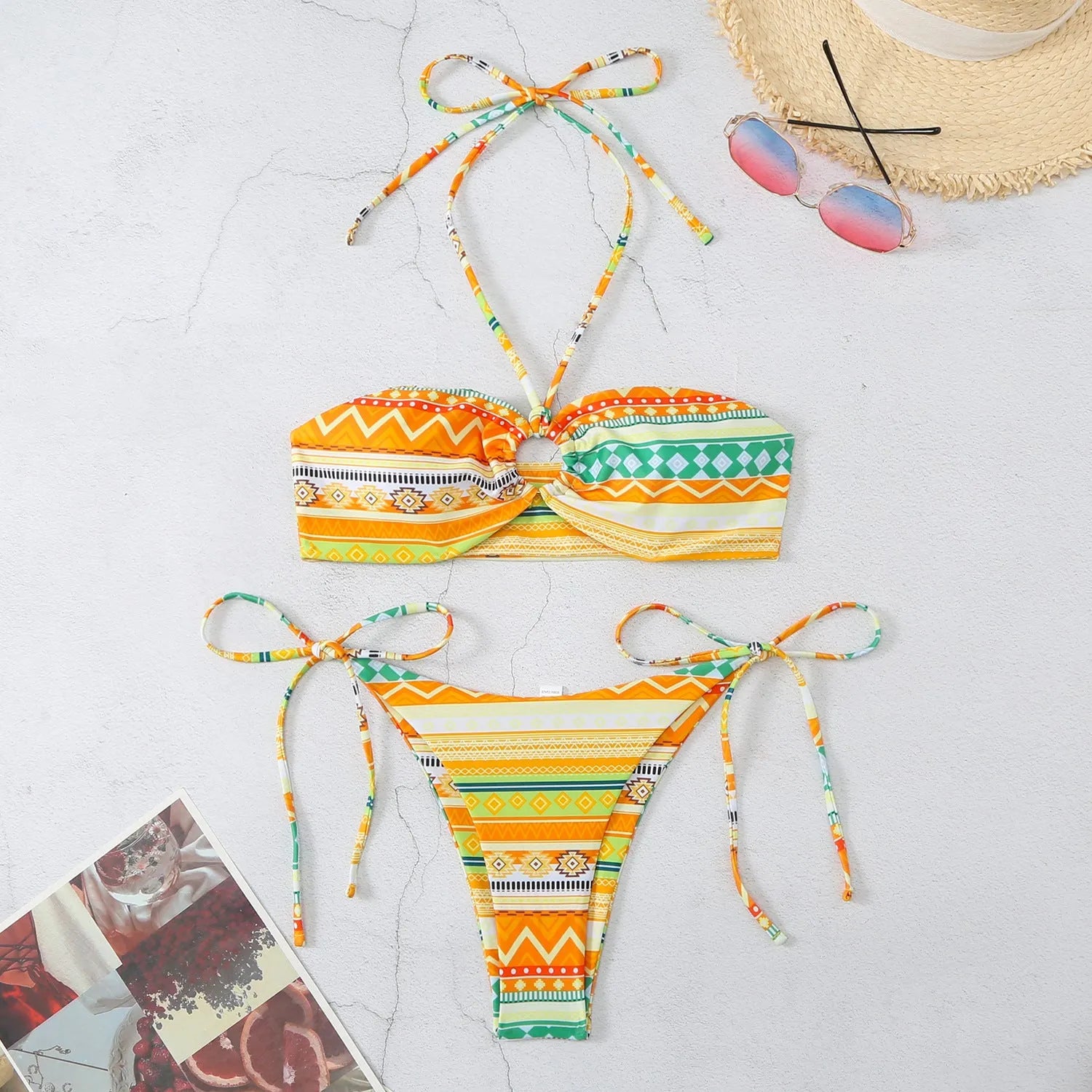 Women's halter neck bikini swimsuit in polyester with briefs style bottom
