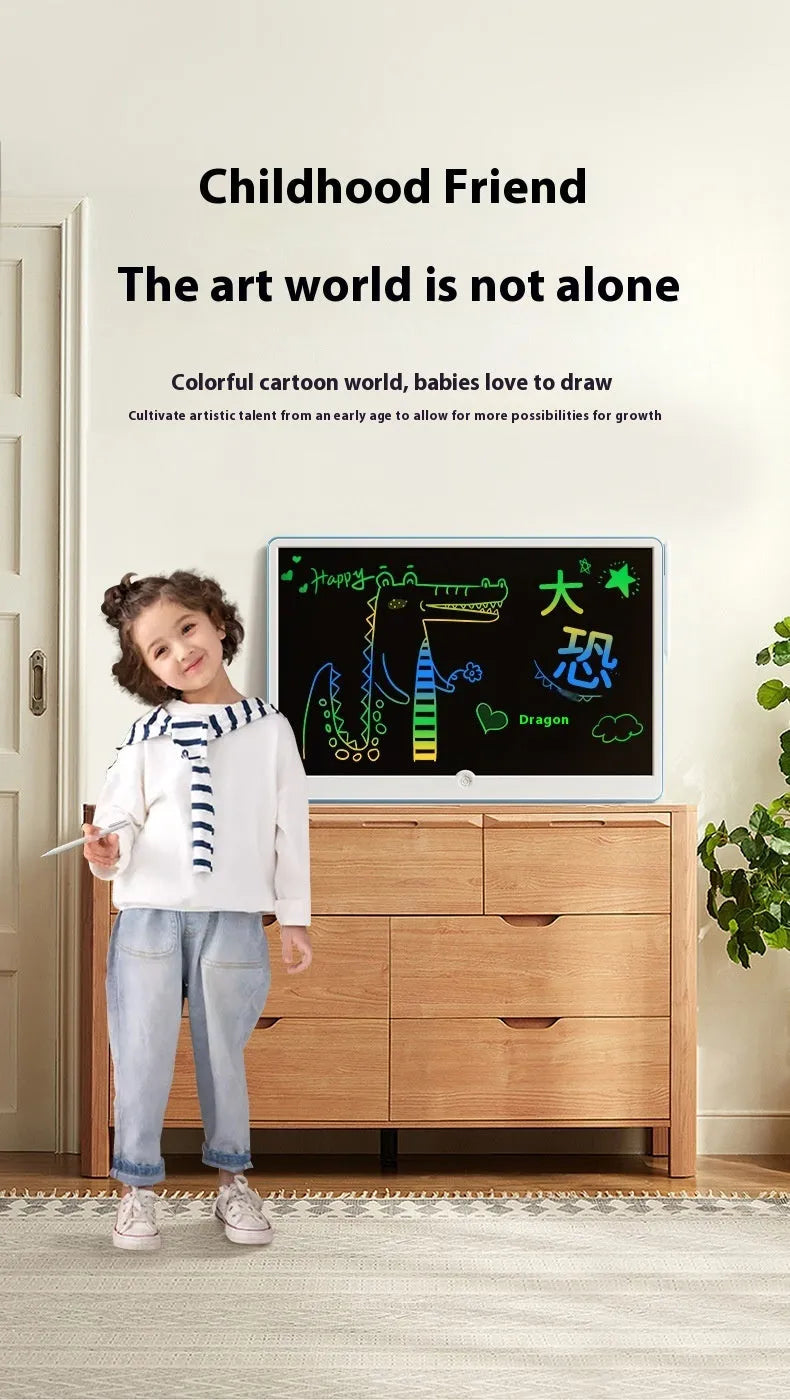 19-inch LCD children's drawing board in blue and white or pink and white colours, showing a colourful doodle on screen.