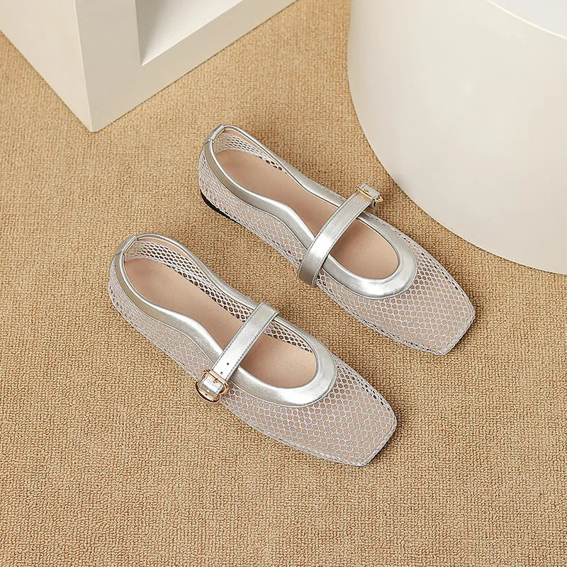 Women's breathable mesh hollow out pumps with buckle fastening and low flat heel