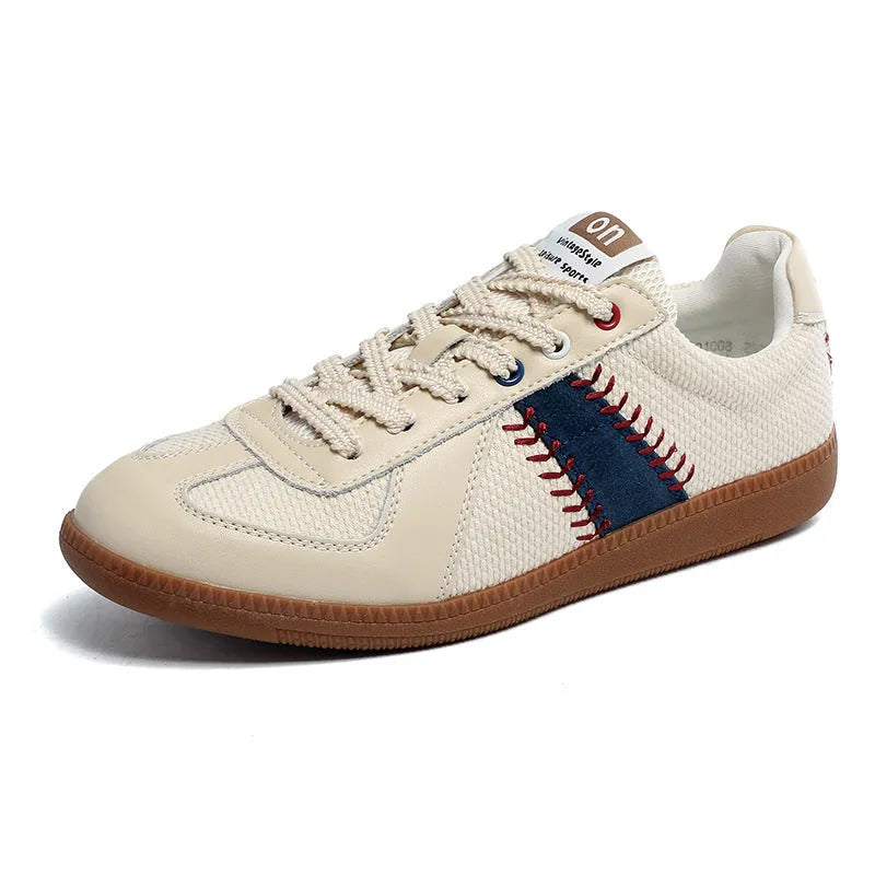 White men's casual exercise sneakers with mesh upper and low flat heel