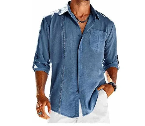 Men's solid colour long-sleeve shirt with a polo collar and a chest pocket on the left side.