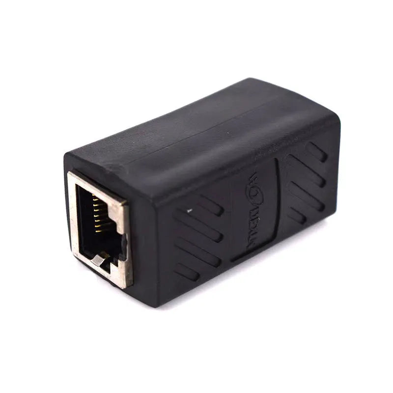 Black RJ45 butt joint extender adapter with rotary connectors for ethernet cable extension