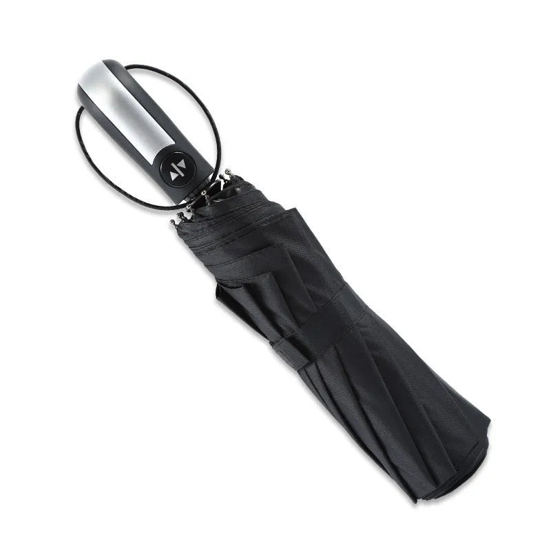 Automatic triple folding business umbrella with steel ribs and rubber handle in black colour