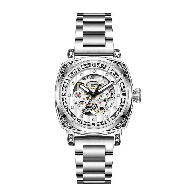 Leather strap mechanical watch with luminous hands showing black, red, steel strip and white colour options
