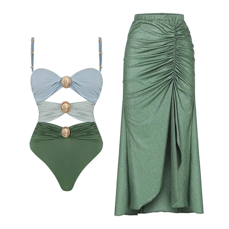 Yellow and green high-waisted women's split swimsuit bikini on a mannequin.