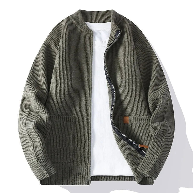 Men's striped sweater cardigan jacket in beige straight cut chemical fibre blend