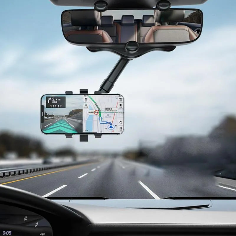 Black rearview mirror phone holder for car showing 360° rotation and retractable arm