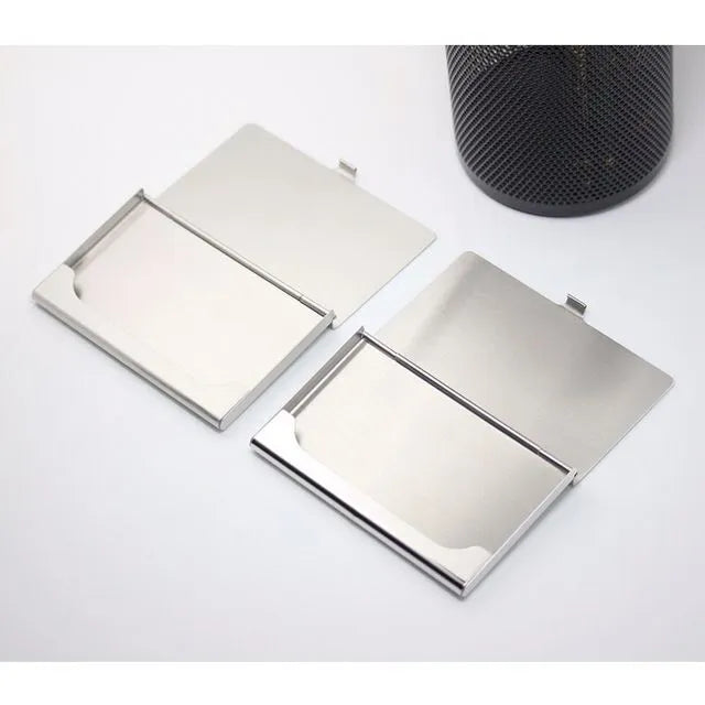 304 stainless steel business card case with geometric laser sculpture, measuring 92.5mm long