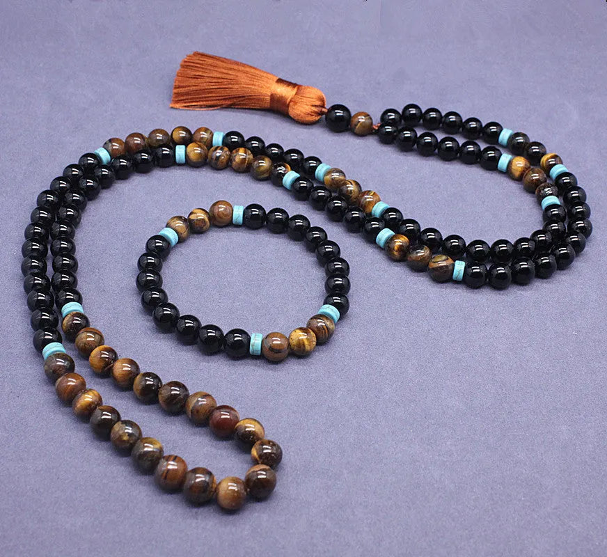 Black agate tigereye geometric stone bracelet and necklace jewellery set