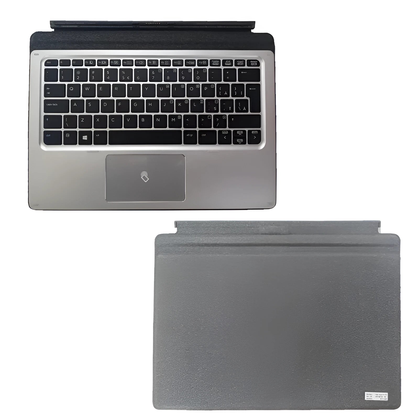 Wireless tablet keyboard on a desk next to an Elite X2 tablet, showing multimedia keys.