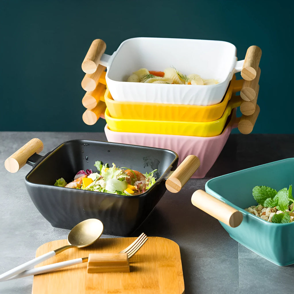 Irregular shaped porcelain ceramic bowl with lid in modern design, available in multiple colours