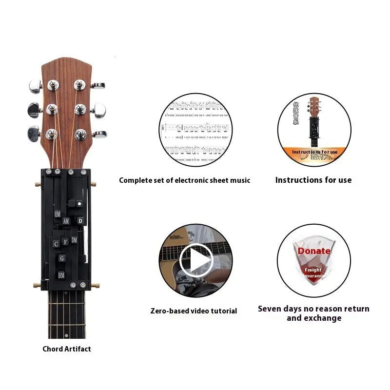 Automatic chord practice gear device for folk guitar playing with second chord support