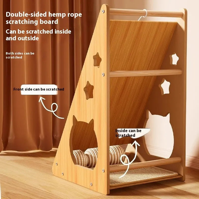 Vertical cat scratch board with hemp rope and sisal surface, wall-mounted design